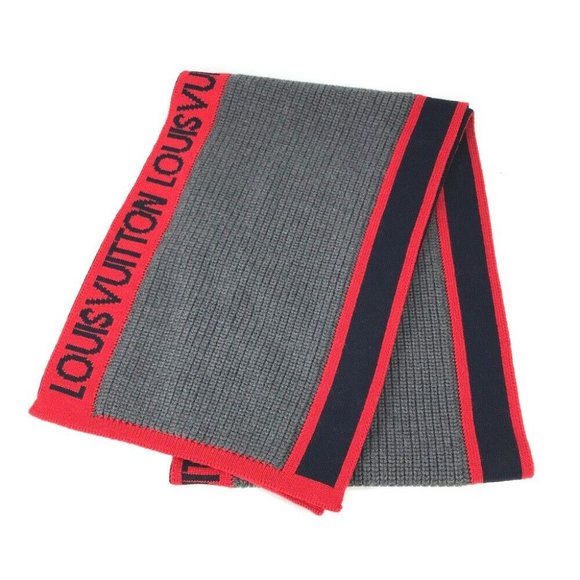 Auth LOUIS VUITTON M71255 Echarpes LV generation Scarf wool gray/Red - Picture 1 of 9
